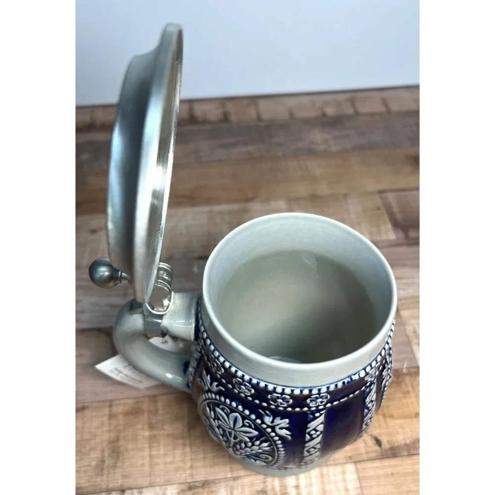 Handcrafted Gerz Stein Mug With Pewter Lid Ceramic 0.5L Germany Floral Design